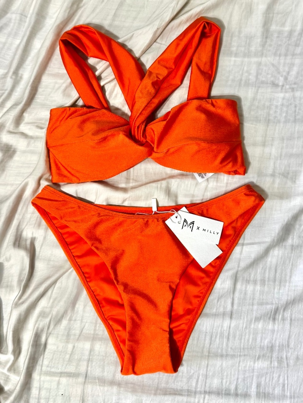 Milly Swim Olivia Draped Bandeau Gloss Orange Bikini Set Top & Bottom Size Small